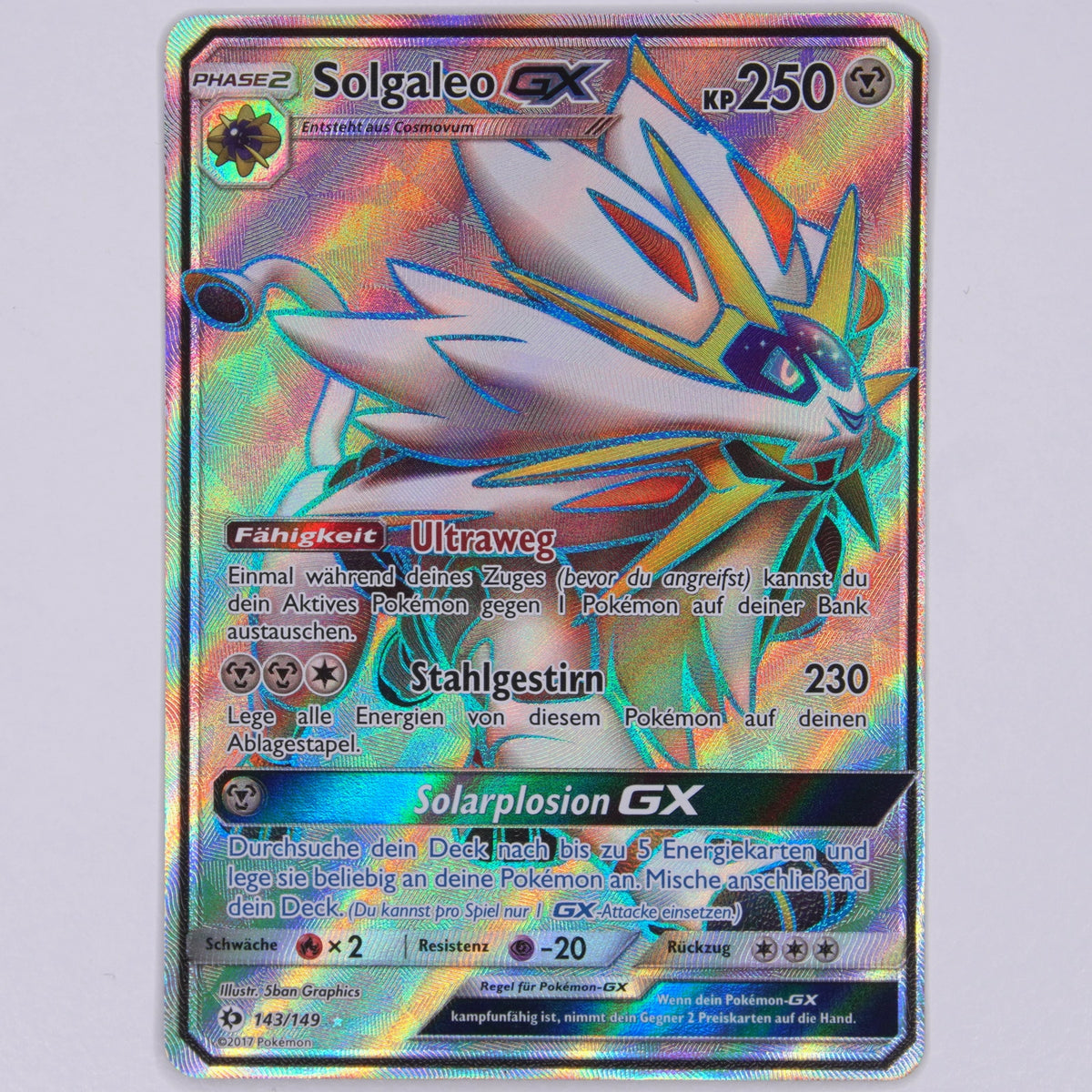Vorderseite von Solgaleo GX 143/149 Ultra Rare aus Sonne & Mond in Near Mint