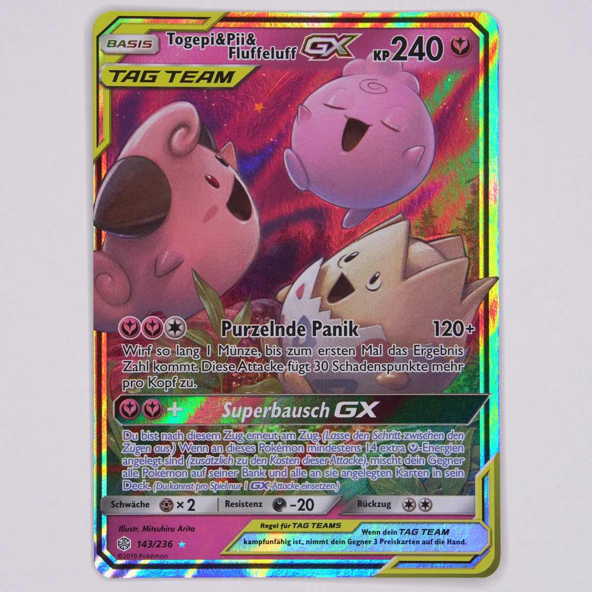 Vorderseite von Togepi & Pii & Fluffeluff GX 143/236 (TAG TEAM, Rare Holo GX) in Near Mint (Deutsch)
